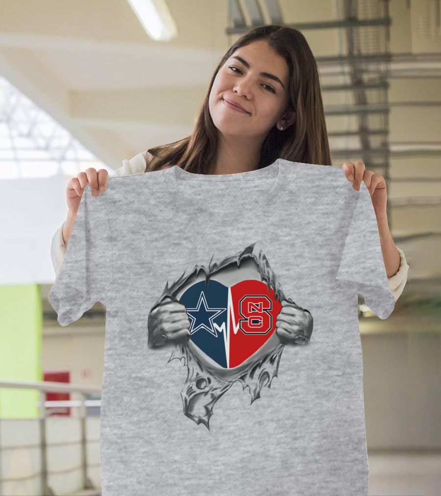 Cowboys NC State Heart Design With Star And Red T-Shirt