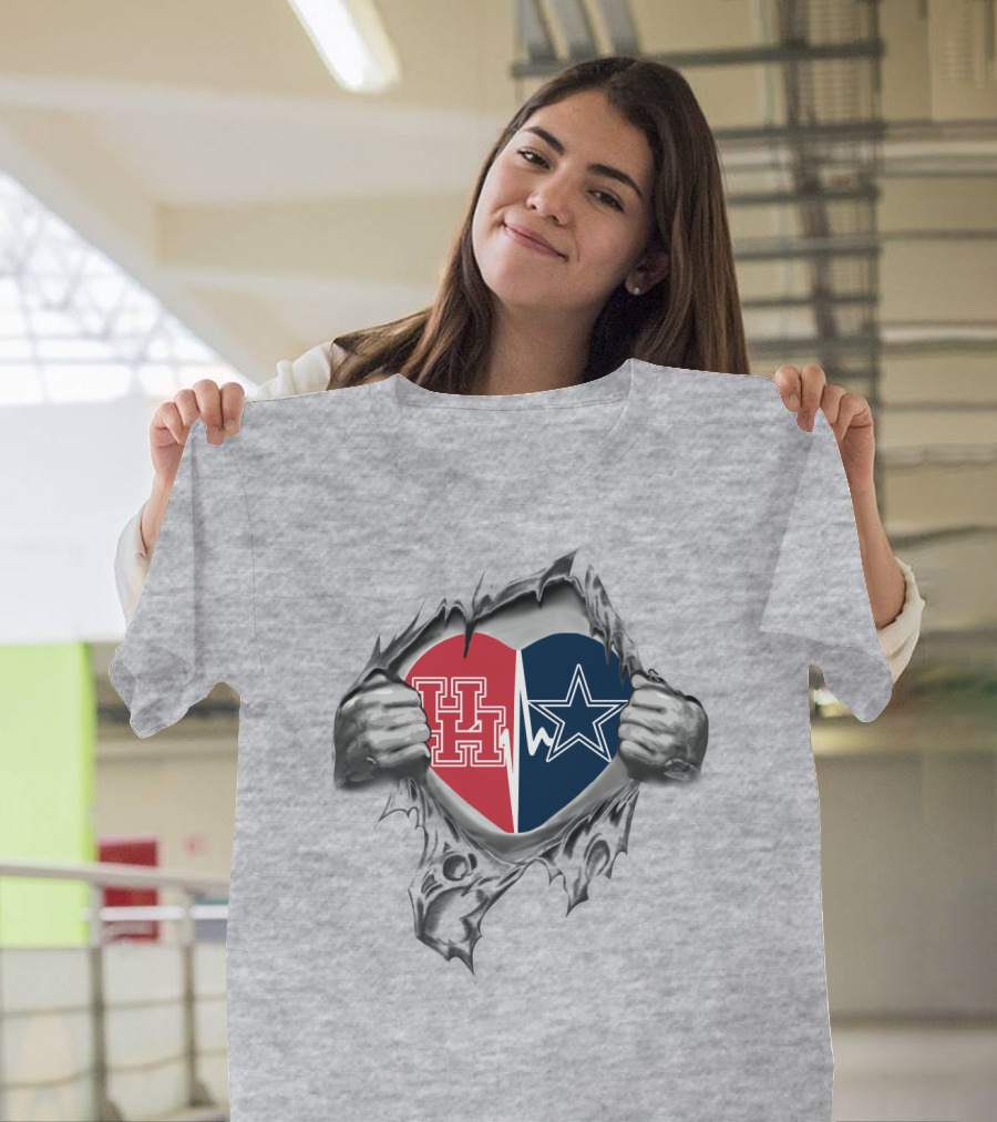 Cowboys Uh Split Heart With Symbols And Hands Tearing T-Shirt