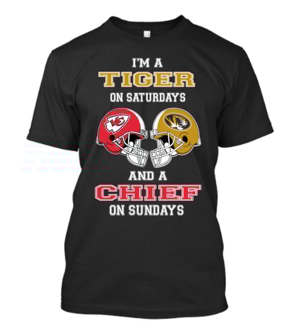 I'm A Tiger On Saturdays And A Chief On Sundays Missouri Kansas City Football Helmets T-Shirt