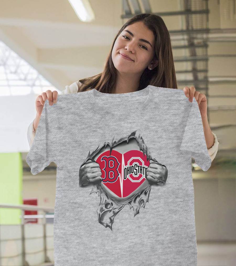 Boston Red Sox Ohio State Scarlet And Gray Heart Emblem Peeling Hands T-Shirt