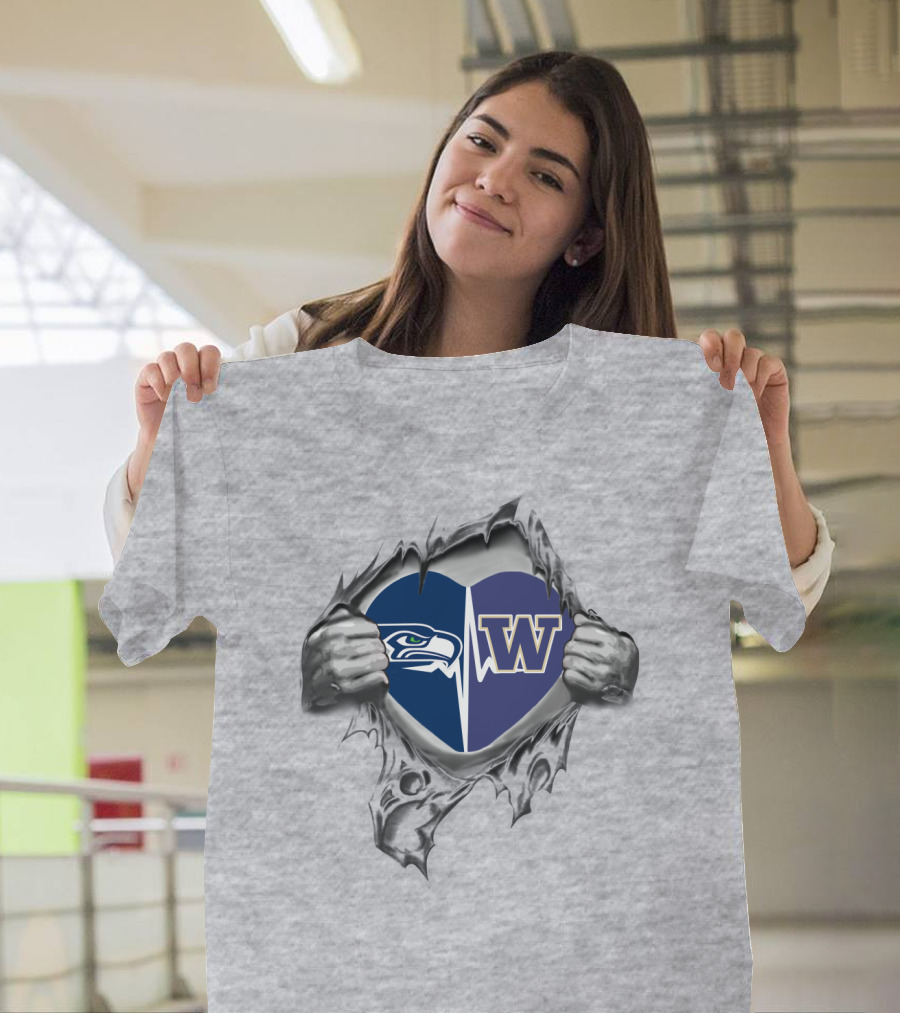 Seahawks And Huskies Heart Design Seattle Team Love T-Shirt