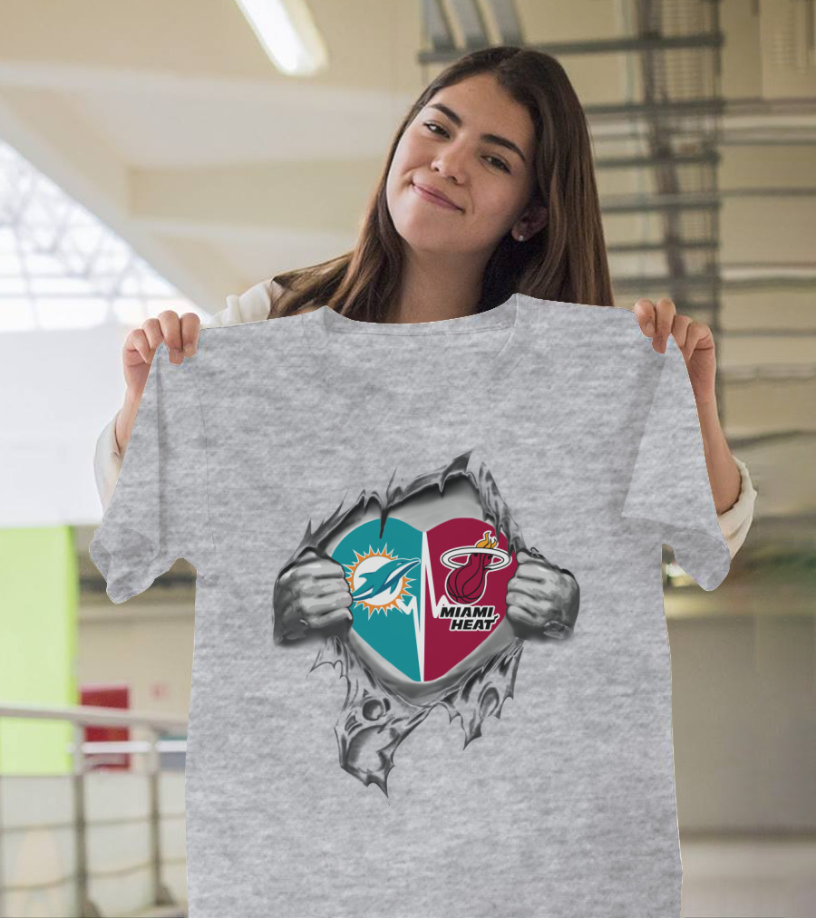 Miami Dolphins and Miami Heat Heart Torn Open Logo Passion T-Shirt