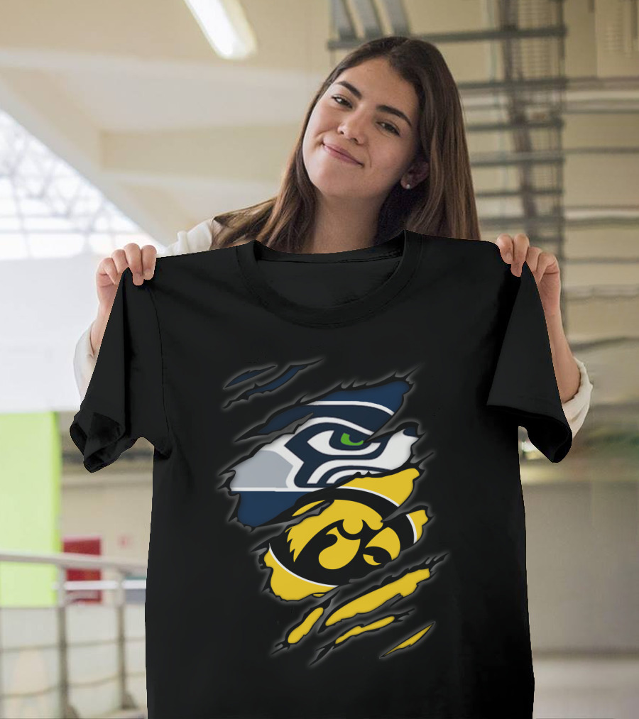 Seahawks And Iowa Hawkeyes Logos In Torn Ripped Style T-Shirt