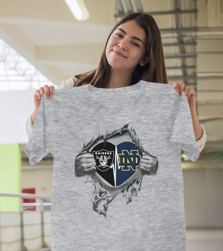Raiders Notre Dame Logo Heart Hands Torn Fabric T-Shirt