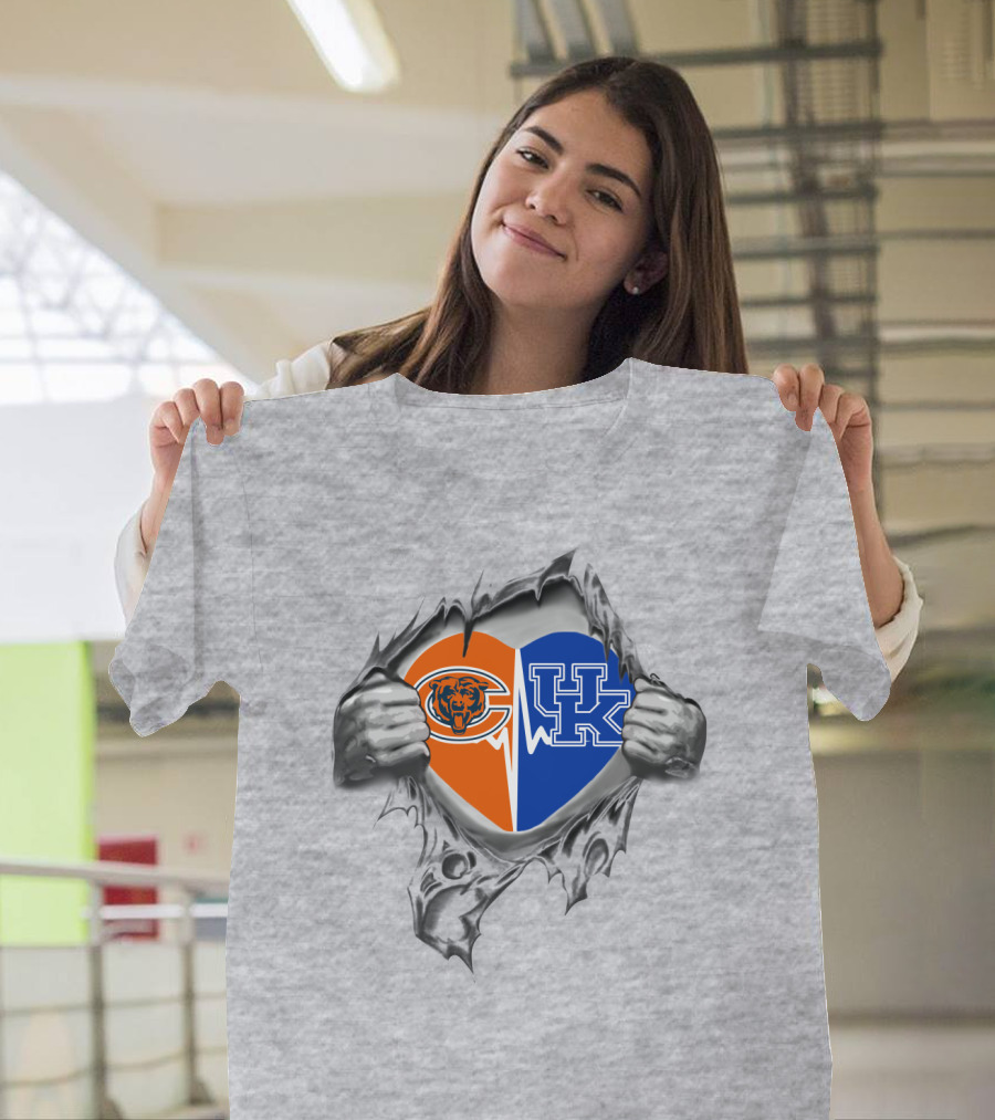 Bears Kentucky Crossover Heart Design with Chicago Bears and University of Kentucky T-Shirt