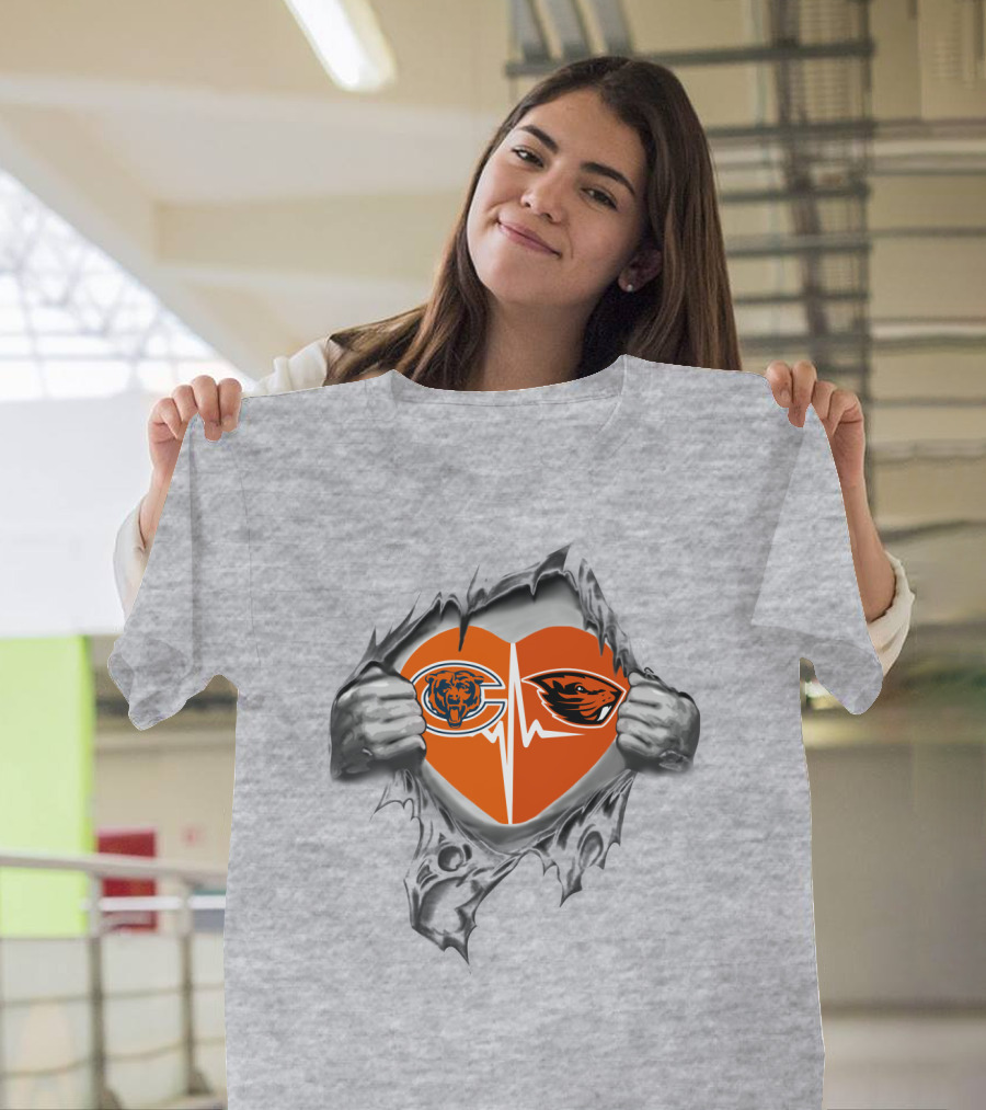 Chicago Bears Oregon State Beavers Heartbeat Loyalty Peel-Off Effect T-Shirt