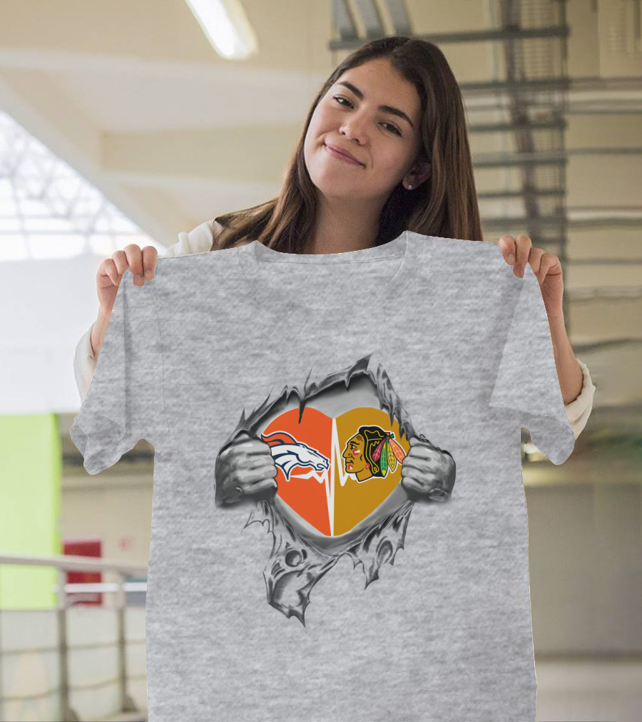 Broncos Blackhawks Heart Logos Torn Metal Effect T-Shirt