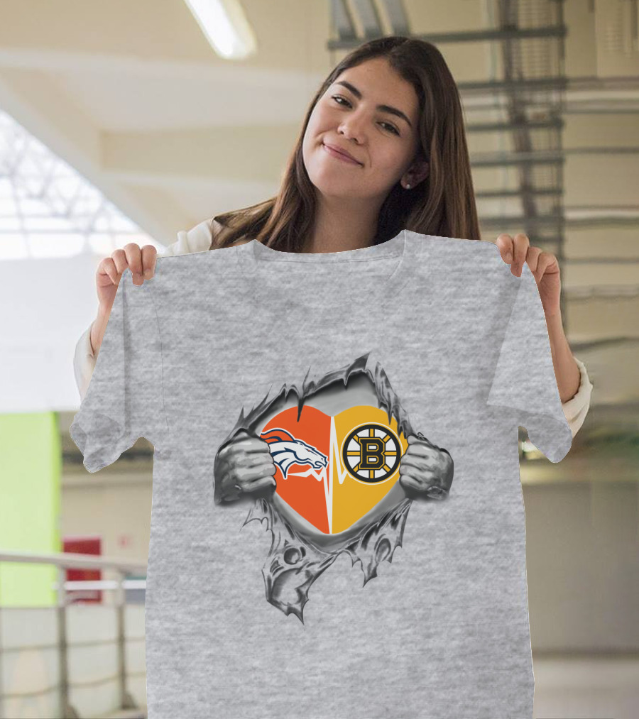 Broncos Bruins Heart Split Symbol Pulled Open T-Shirt