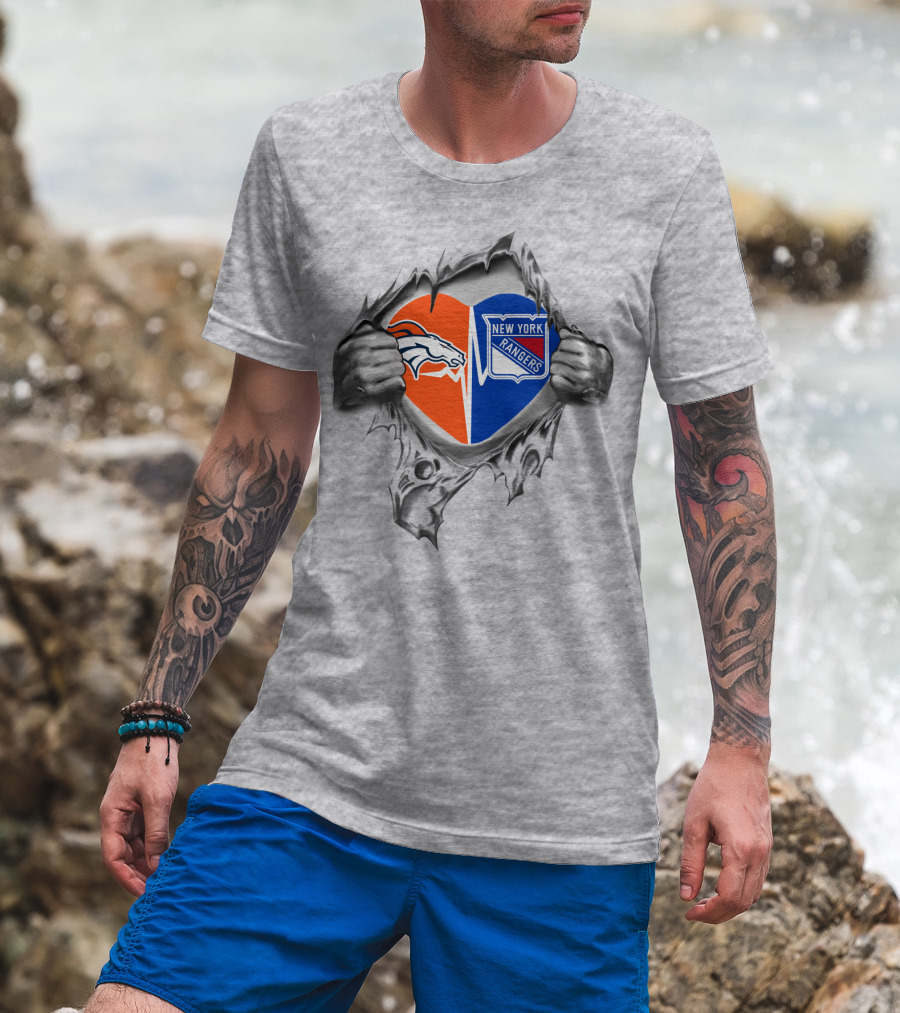Broncos New York Rangers Heart Inside Tearing Through T-Shirt