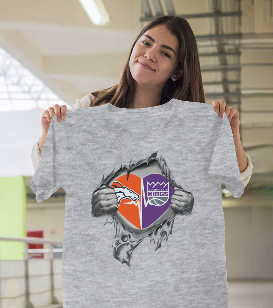 Broncos Sacramento Kings Heart Torn Metal T-Shirt