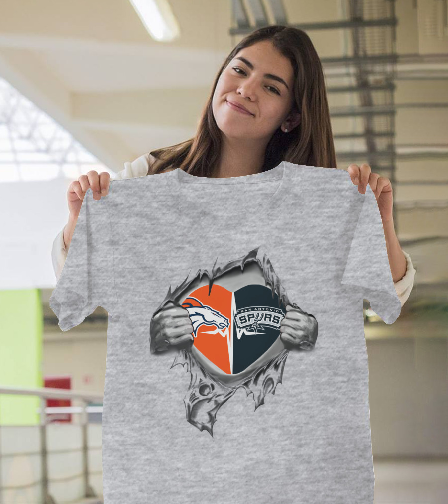 Broncos Spurs Heart Broncos Logo And Spurs Logo In Ripped Open Heart T-Shirt