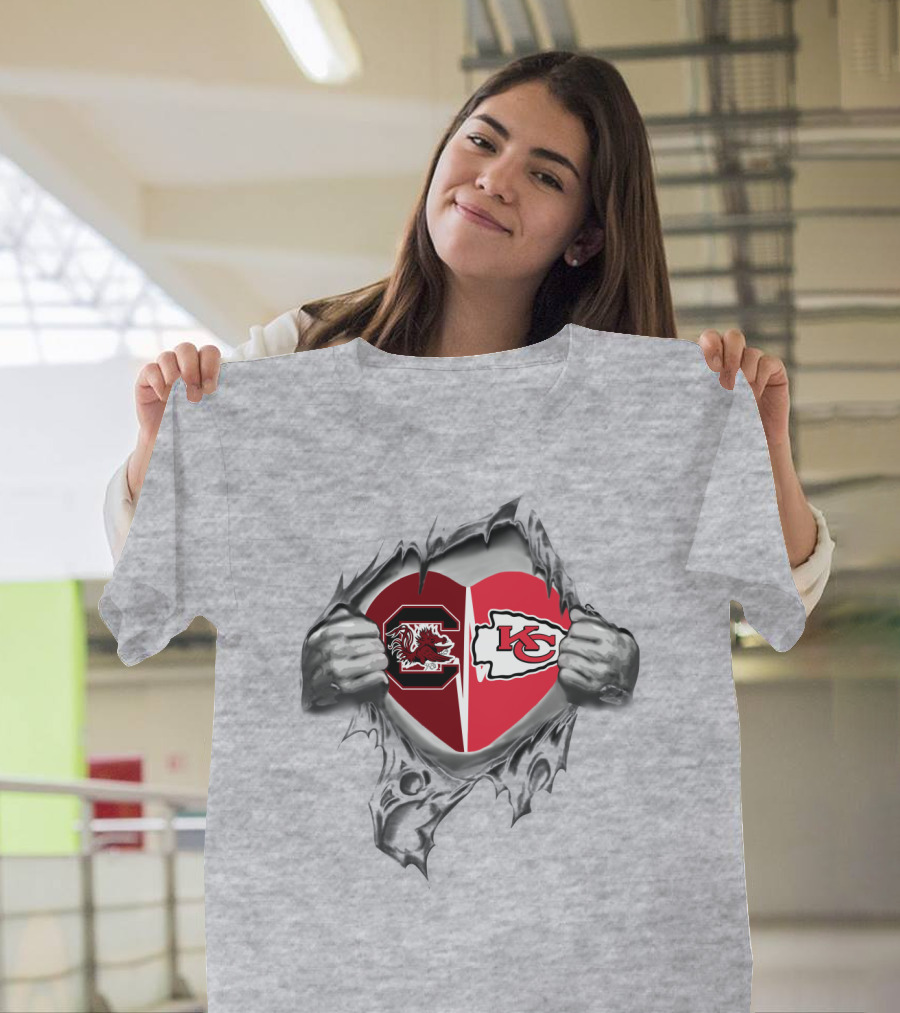 Chiefs and Gamecocks Heart Design Featuring Rival Symbols and Torn Fabric T-Shirt