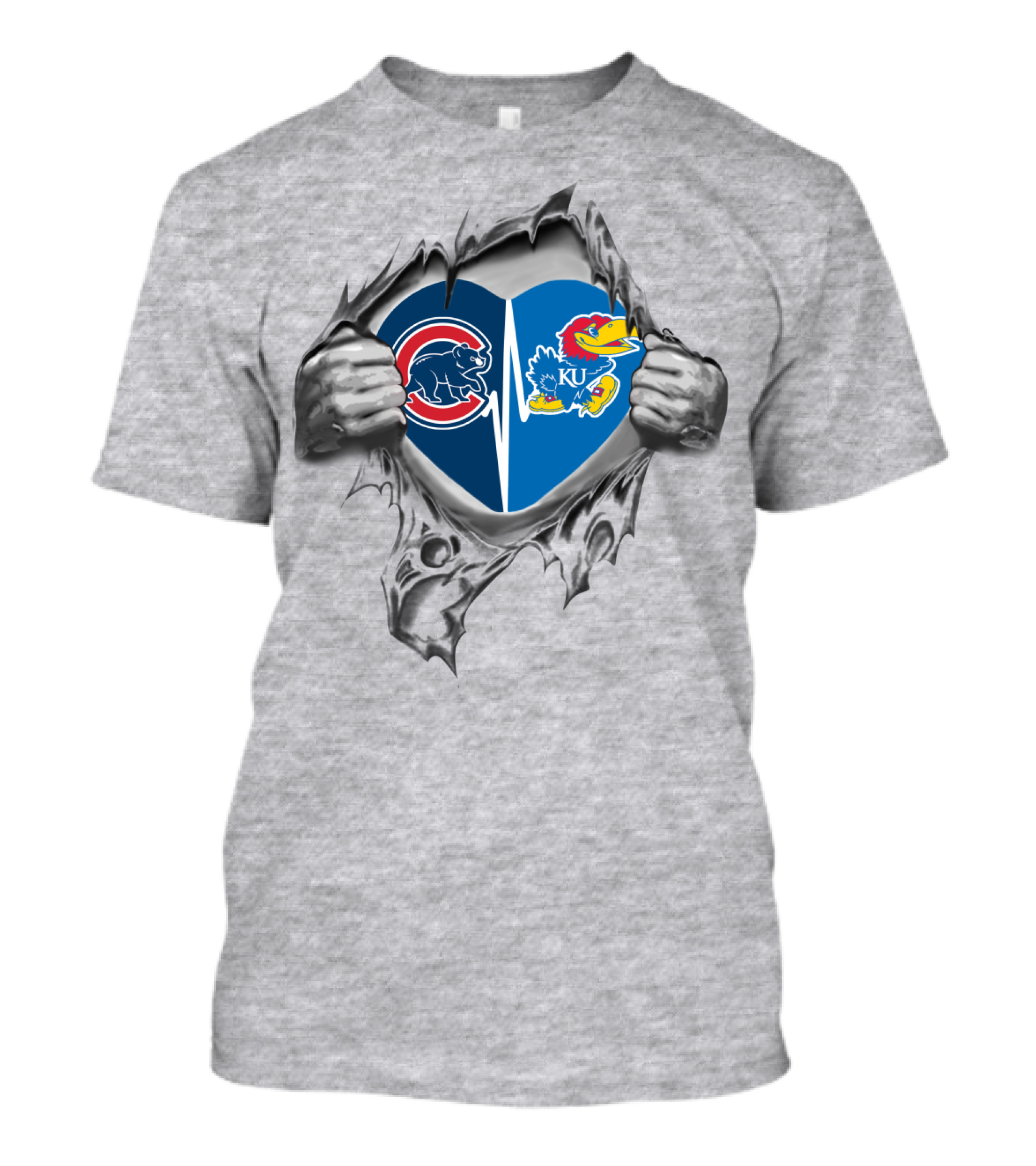 Cubs Kansas Jayhawks Heart With Hands Ripping Gray Fabric T-Shirt