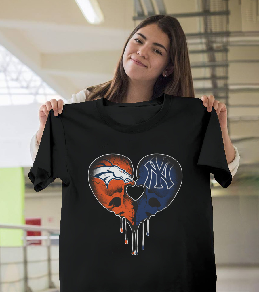 Broncos Yankees Skull Heart Fusion T-Shirt