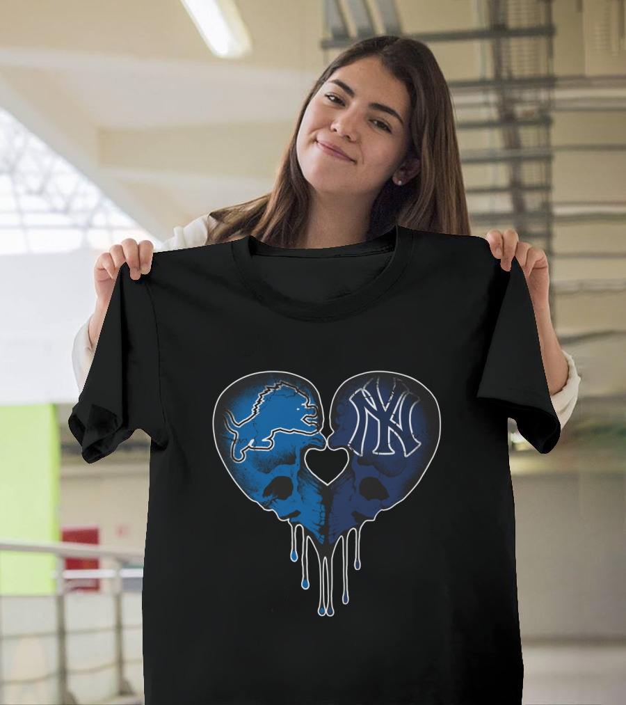 Detroit Lions New York Yankees Skull Heart Fusion T-Shirt