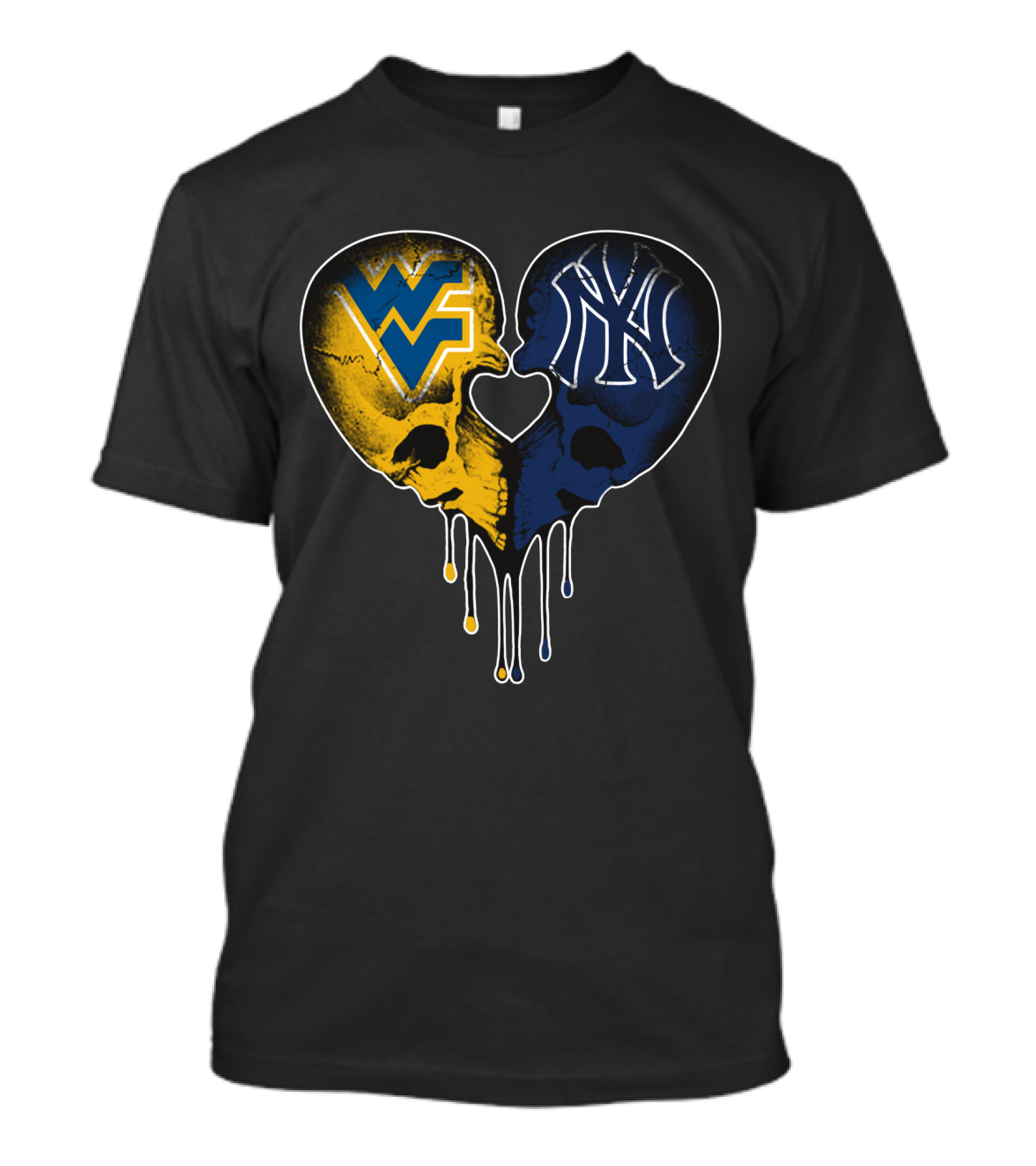 West Virginia Yankees Skull Heart WVU NY Logo Fusion Love T-Shirt