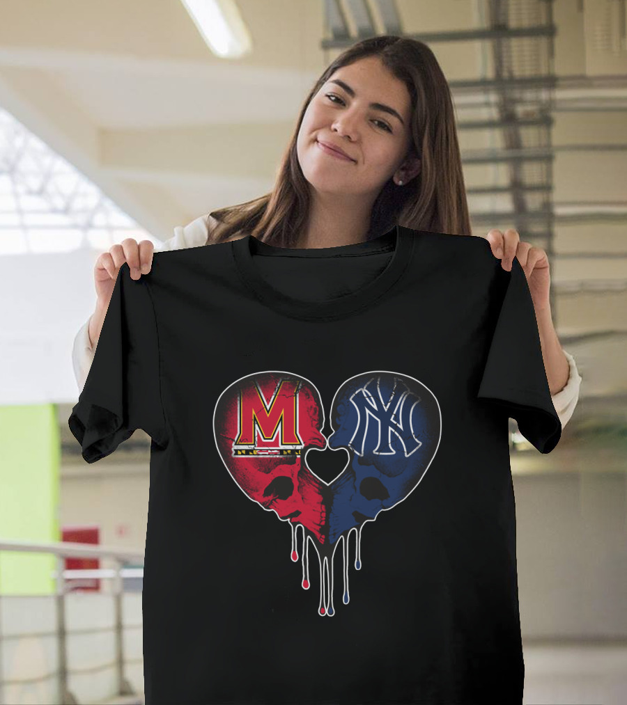 Maryland And Yankees Skull Heart Fusion T-Shirt