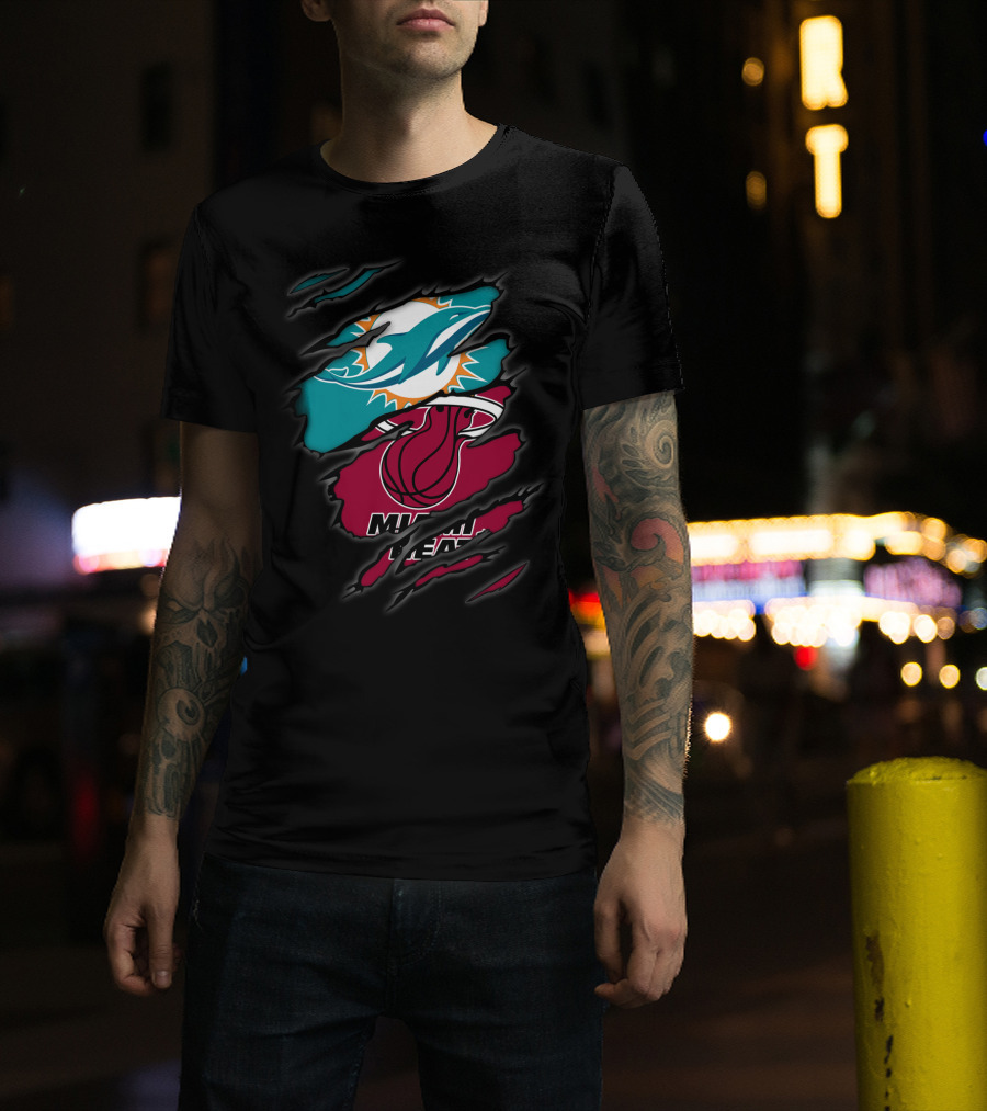 Miami Dolphins Miami Heat Crossover Collaboration Logos T-Shirt