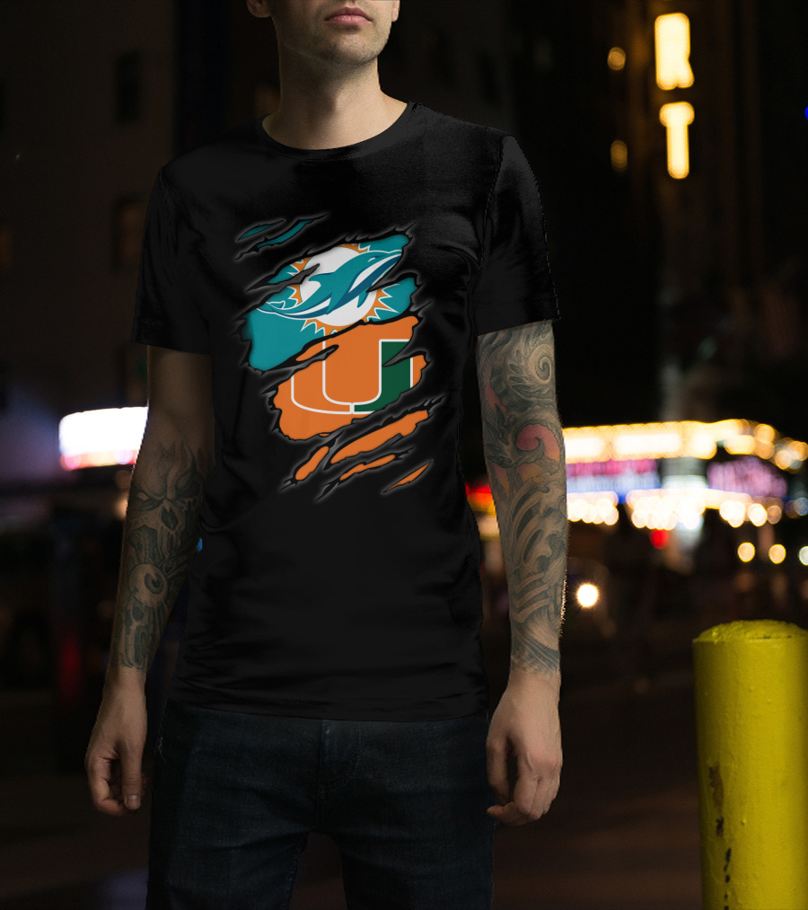 Miami Dolphins Miami Hurricanes Logo Fusion T-Shirt