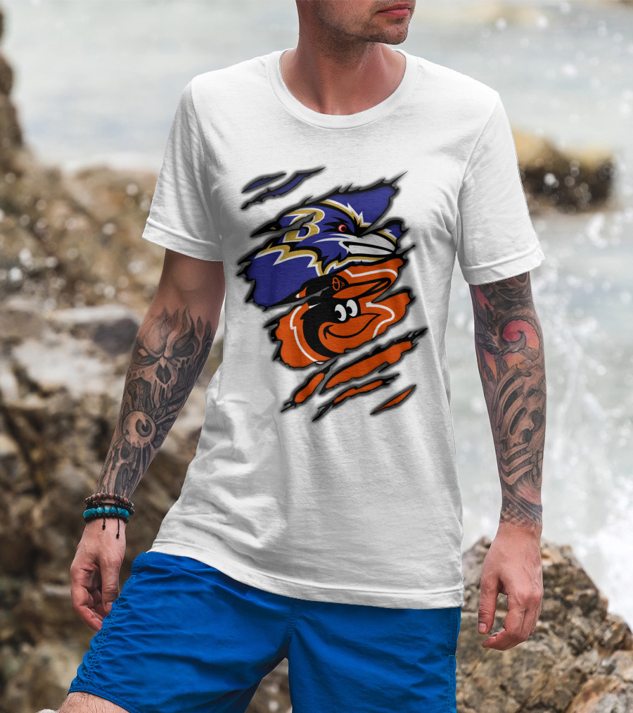 Baltimore Ravens Orioles Logos Ripped T-Shirt