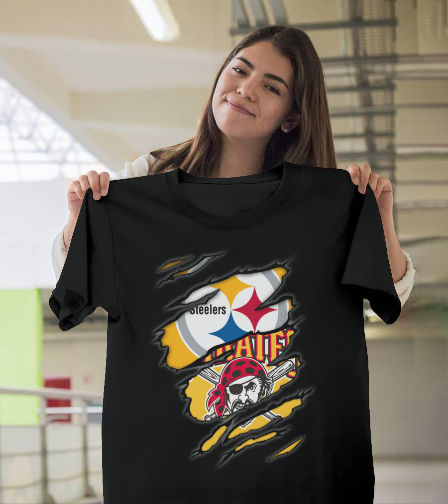 Steelers Pirates Logo Mashup Ripped Effect T-Shirt
