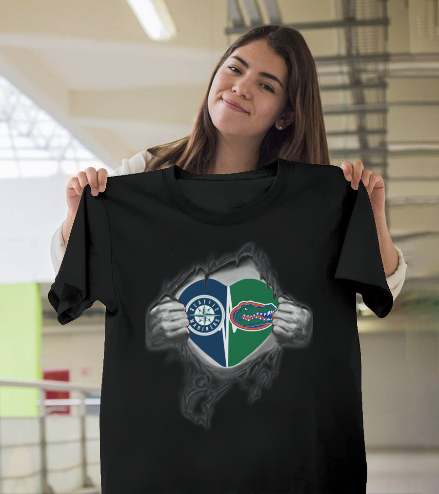 Seattle Mariners Florida Gators Heart Logos Peeking Hands T-Shirt