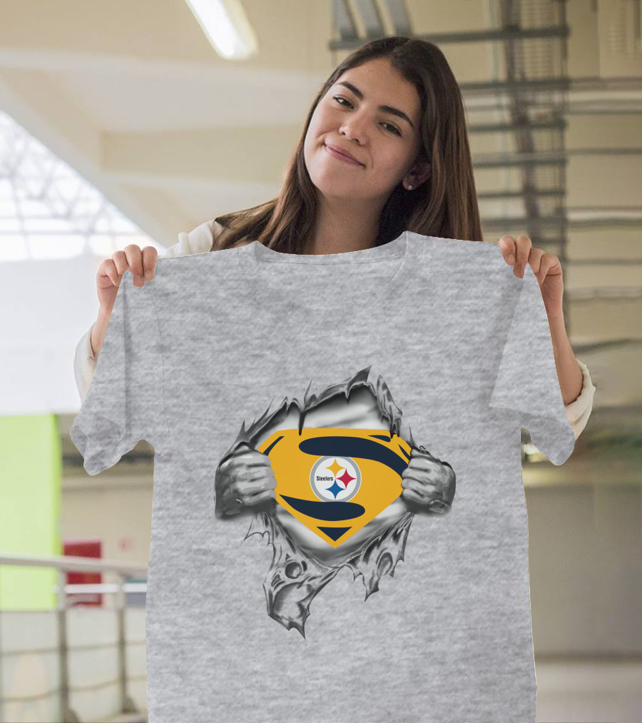 Steelers Super Man Logo With Ripped Metal Effect T-Shirt