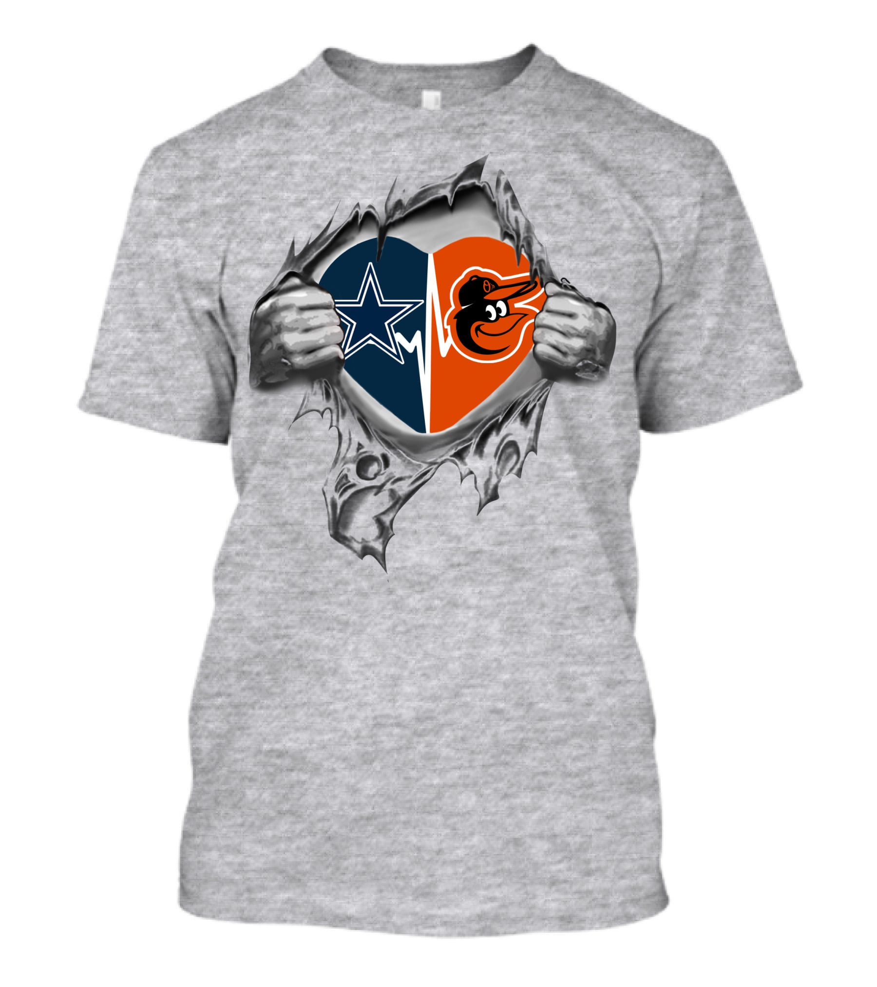 Cowboys Star Orioles Bird Heart Logo With Hands Tearing Fabric T-Shirt