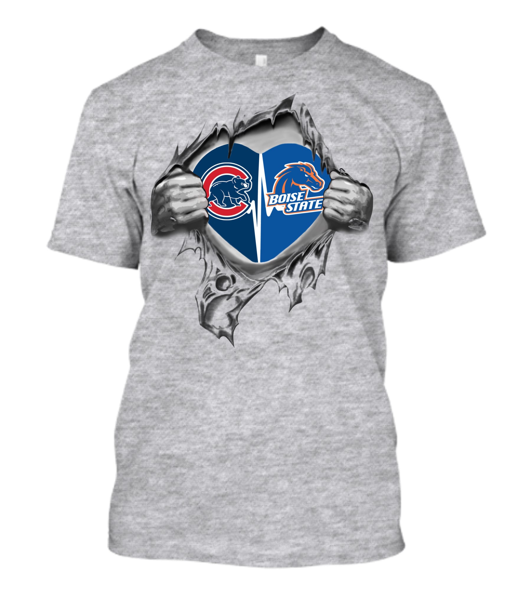 Cubs Boise State Heart With Logos Ripped T-Shirt