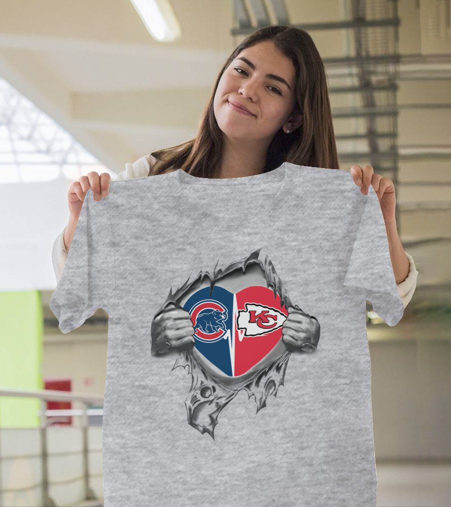 Cubs Chiefs Heart with Bear and Arrowhead Logos Peeking Through Torn Fabric T-Shirt