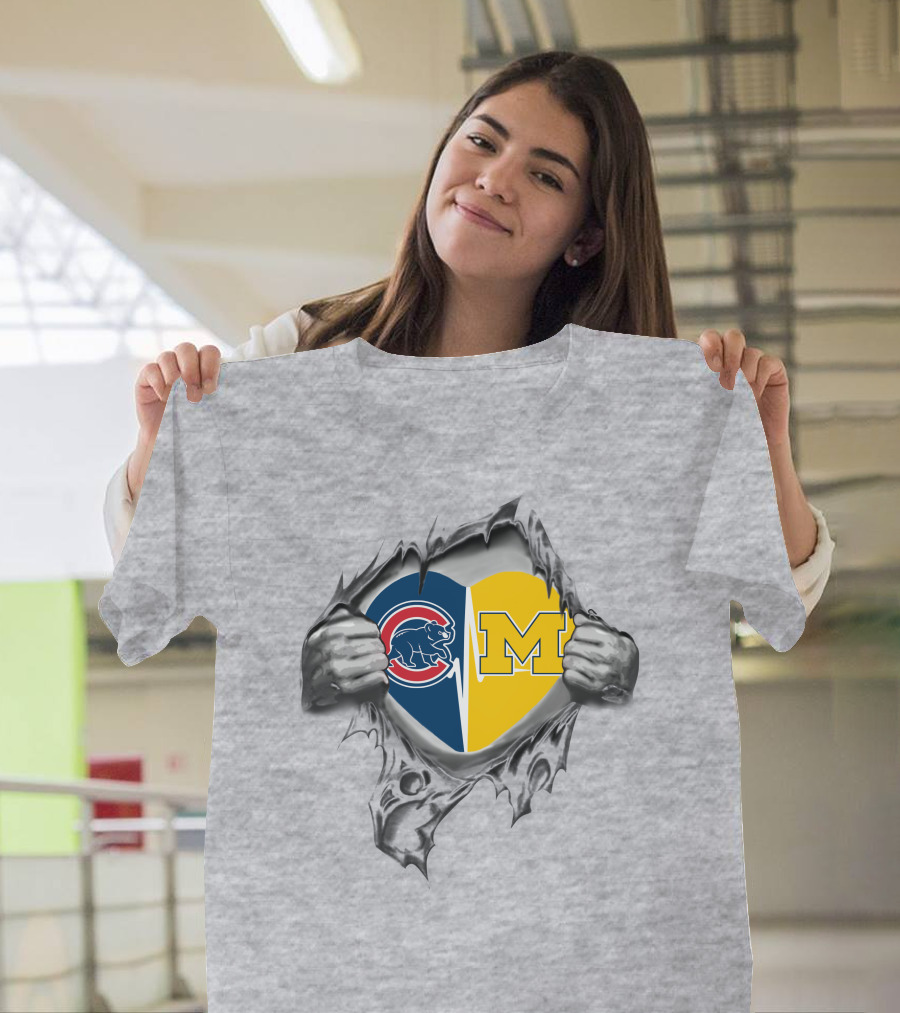 Cubs Michigan Heart Emblem with Hands Tearing T-Shirt