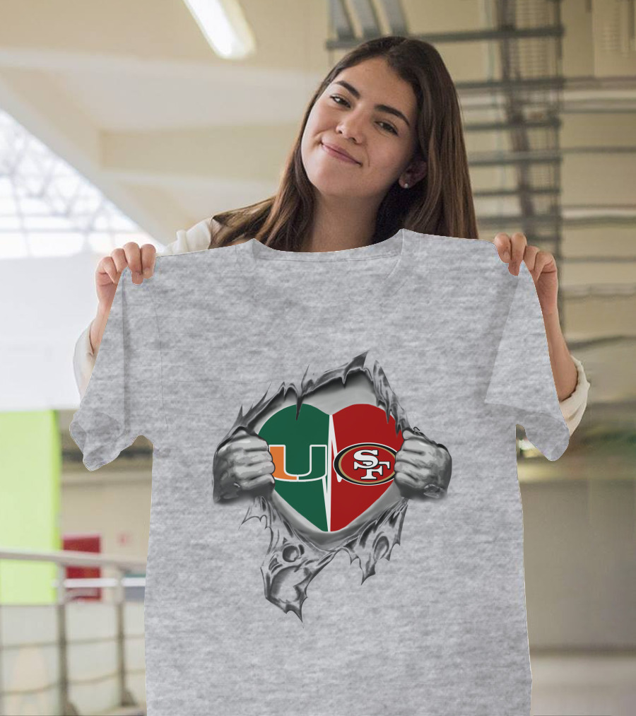 University Of Miami Hurricanes And San Francisco 49ers Split Heart T-Shirt
