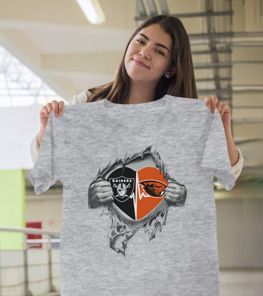 Raiders Beavers Heart Symbol with Hands and Logo Elements T-Shirt