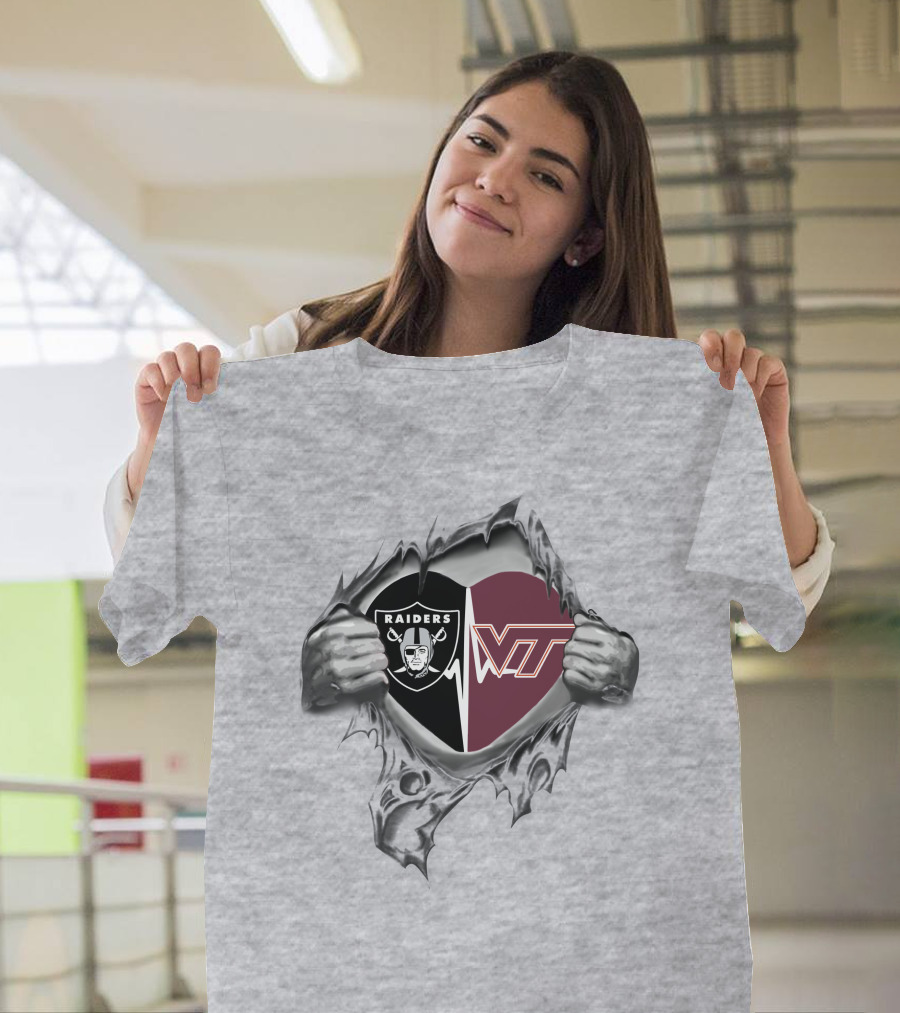Raiders Hokies Heart Logo Football Fusion T-Shirt