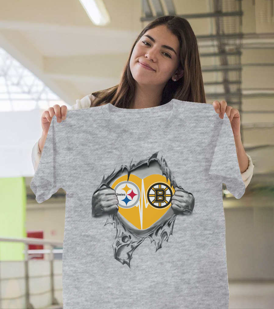 Steelers Bruins Heart Torn Open With Logos T-Shirt