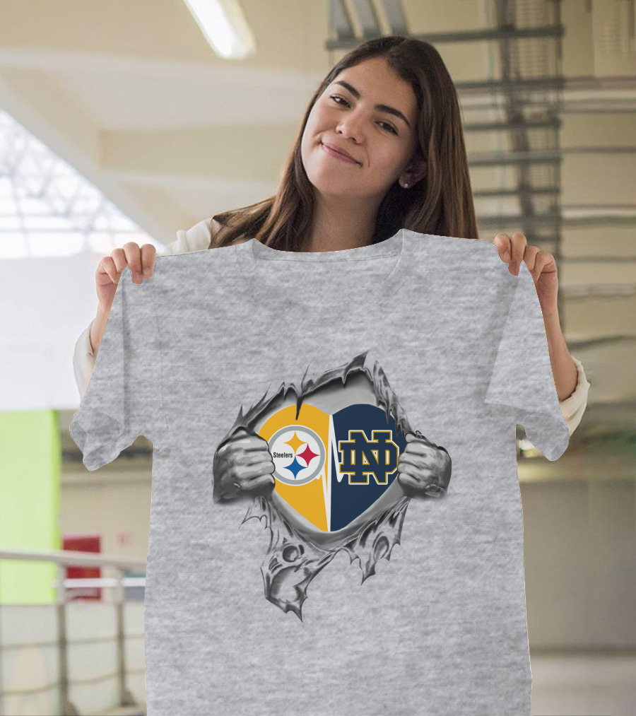 Steelers Notre Dame Logos Torn Heart T-Shirt
