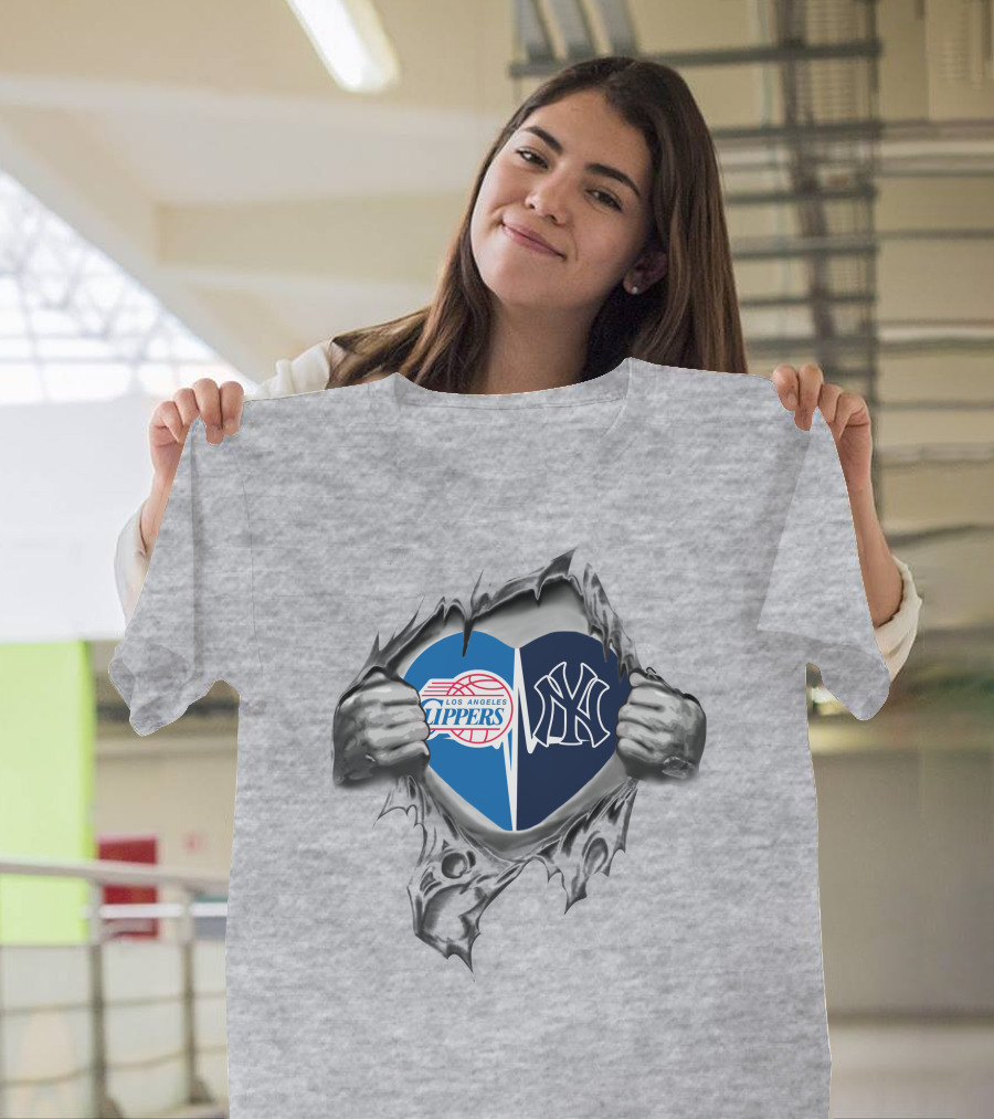Los Angeles Clippers New York Yankees Heart in Hands T-Shirt