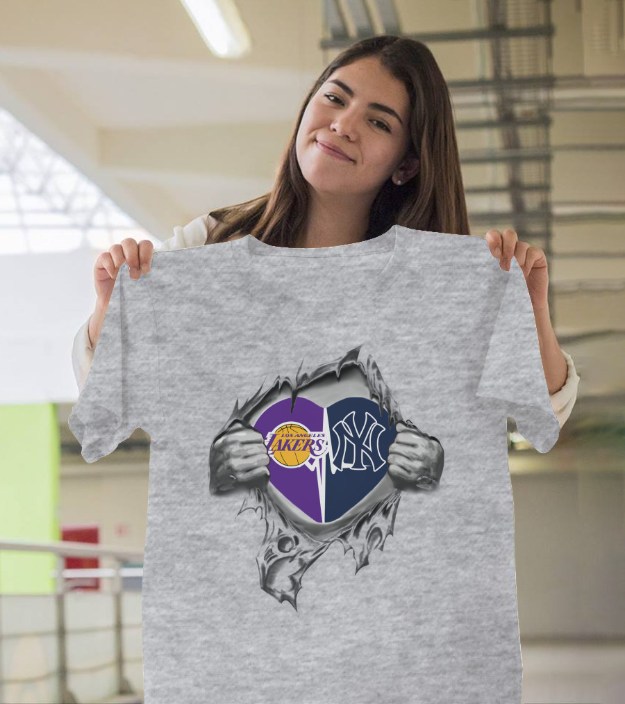 Lakers Yankees Heart with Torn Hands Displaying Team T-Shirt
