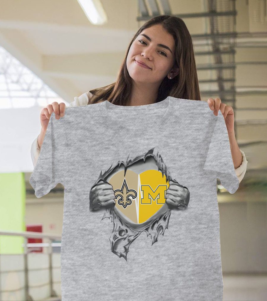 Saints and Michigan Heart Symbol with Fleur-de-lis and Block M T-Shirt