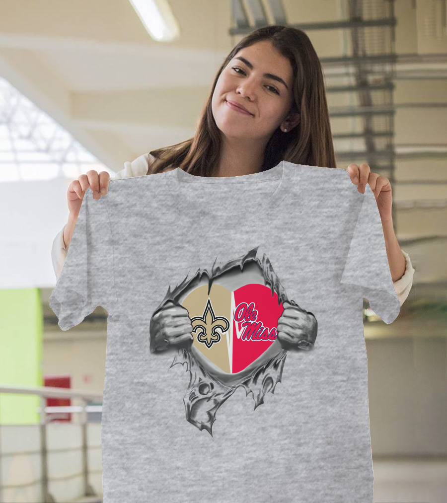 Saints Ole Miss Heart Unveiling with Emblem and Script T-Shirt