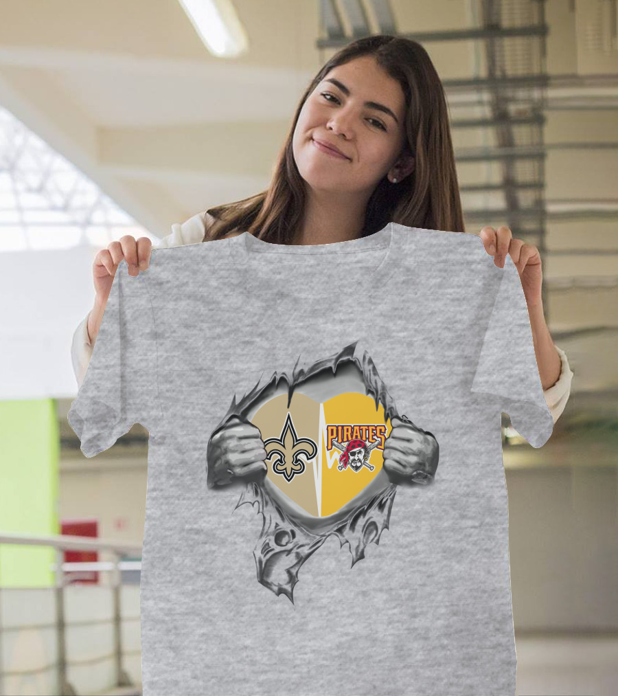 Saints Pirates Heart Split Fleur-de-Lis and Jolly Roger T-Shirt