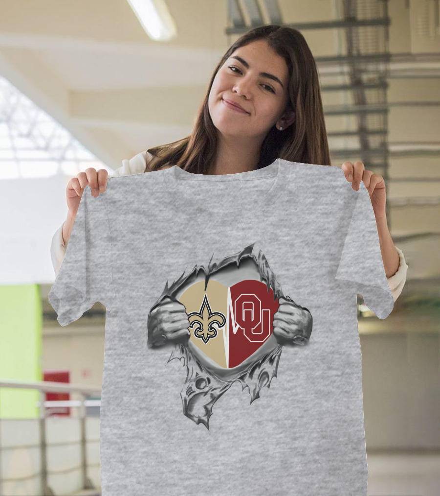 Saints Sooners Heart Torn Open Fleur-de-Lis OU T-Shirt