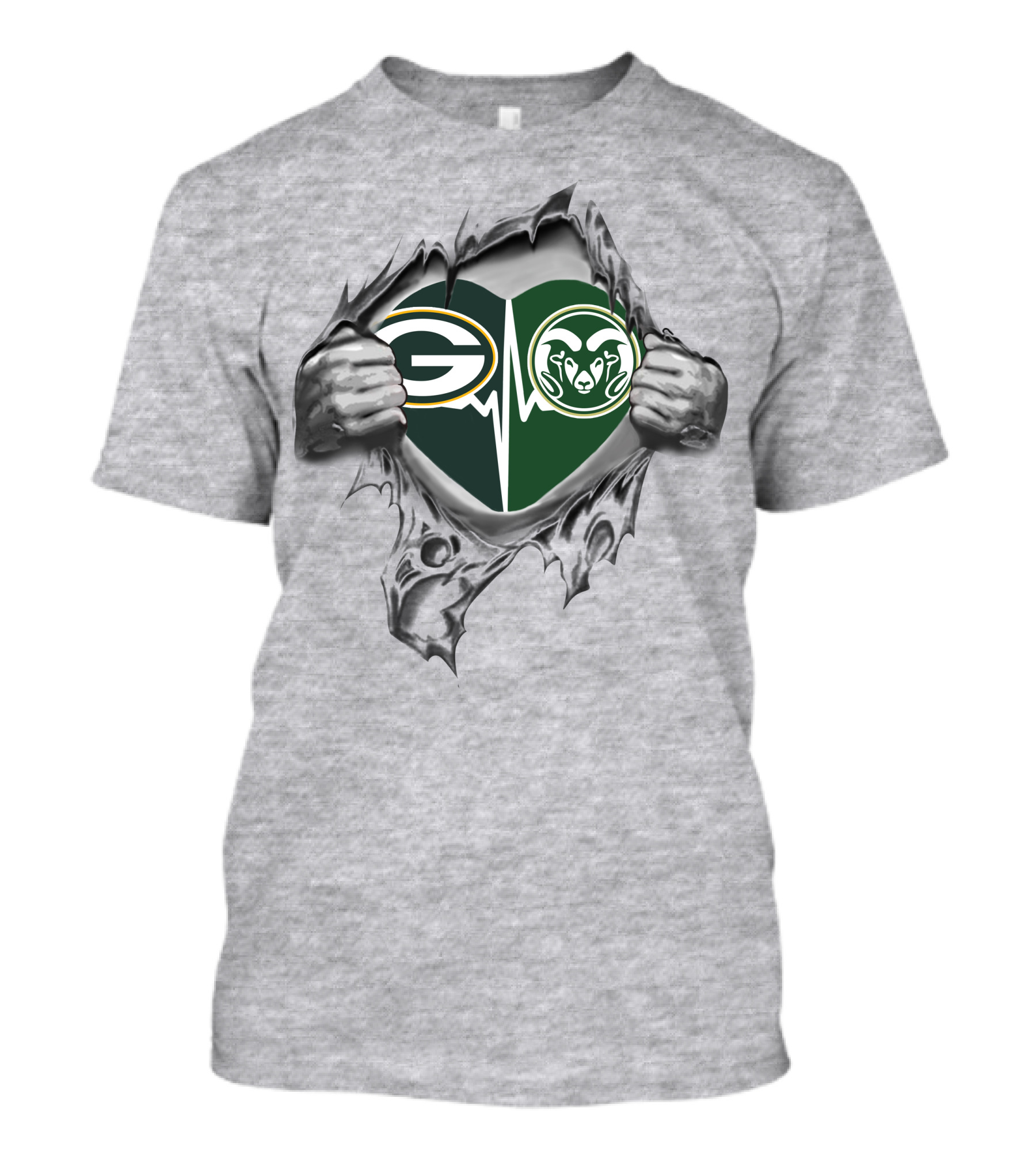 Green Bay Packers Colorado State Rams Heartbeat Silver Tear T-Shirt