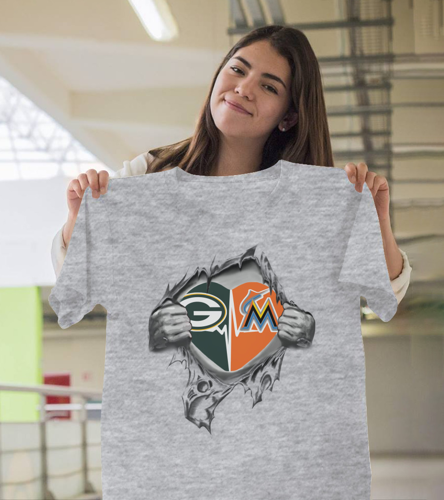 Green Bay Packers Miami Marlins Heart Rip T-Shirt