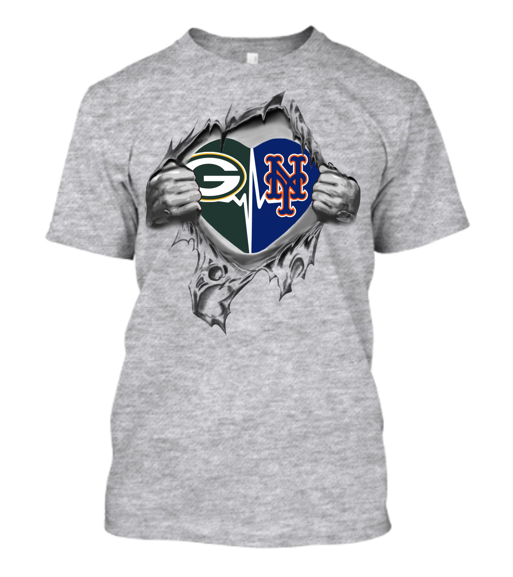 Green Bay Packers New York Mets Heartbeat Logo Fusion T-Shirt