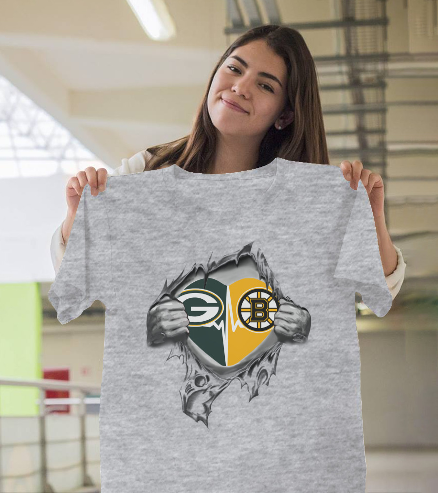 Green Bay Packers Boston Bruins Heart Logo Fusion T-Shirt