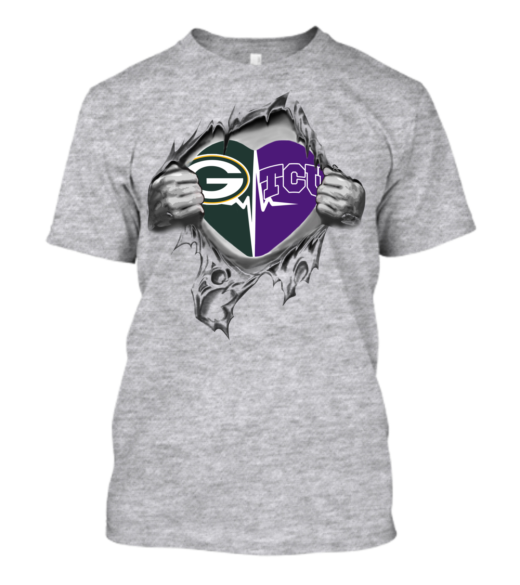 Green Bay Packers TCU Horned Frogs Heart Rip Through T-Shirt