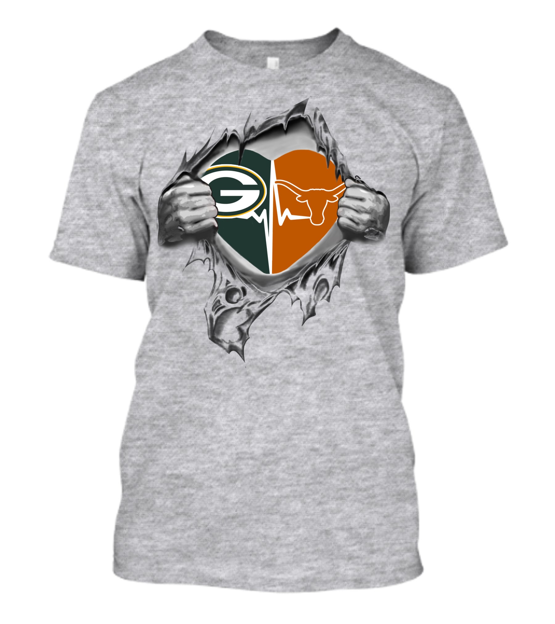Green Bay Packers Heartbeat Texas Longhorns Logo Fusion T-Shirt