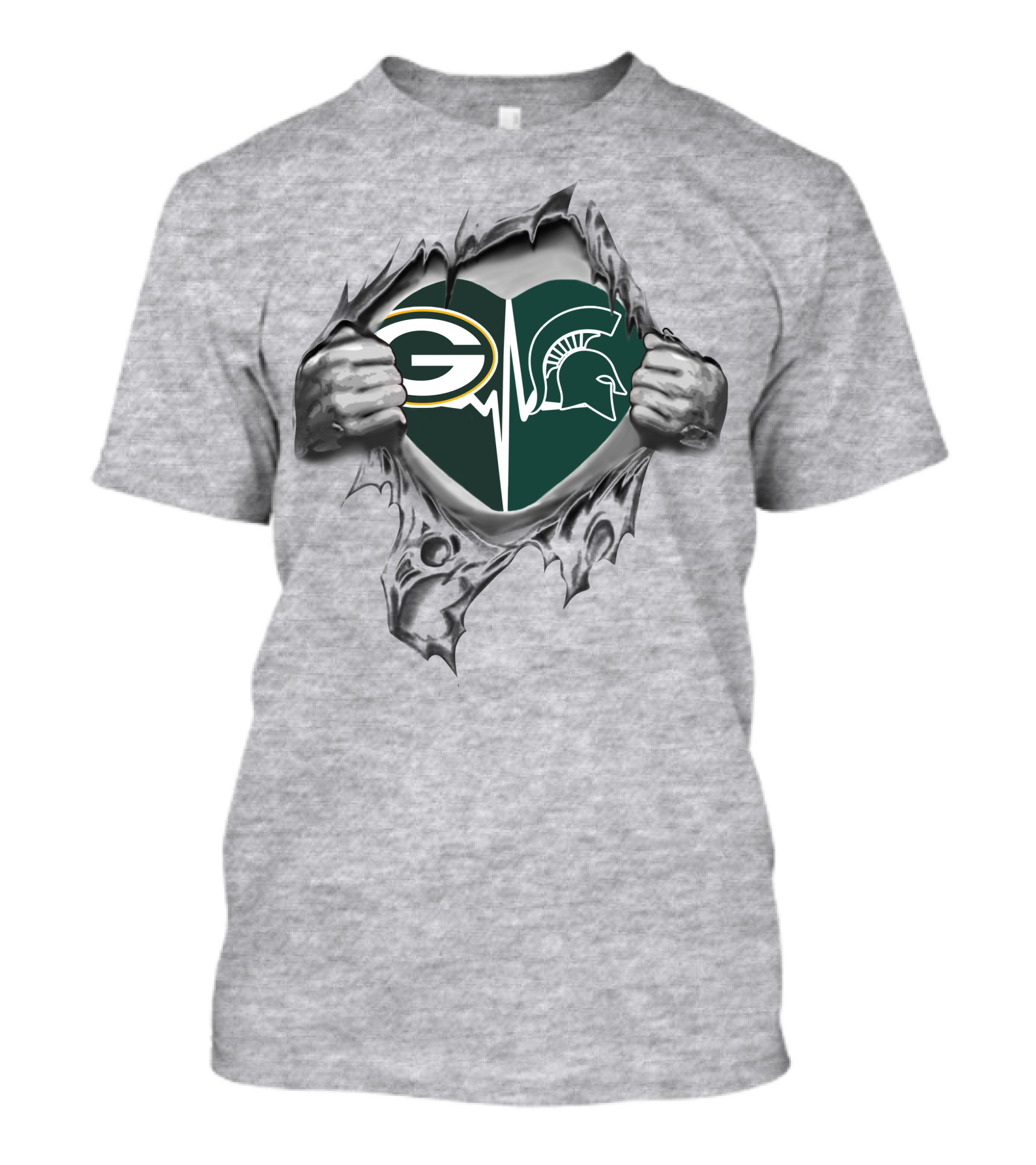 Green Bay Packers Michigan State Spartans Heart Logo Rip T-Shirt