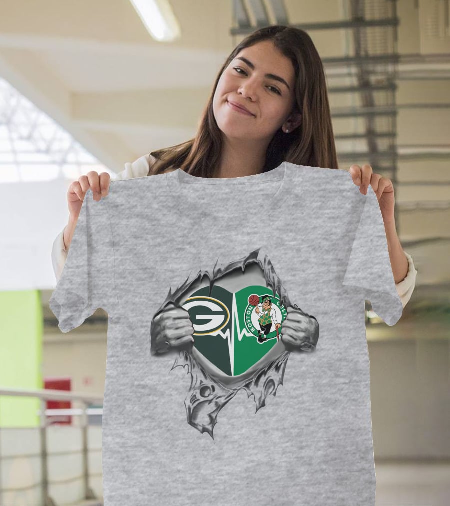 Green Bay Packers Boston Celtics Heartbeat Fusion T-Shirt